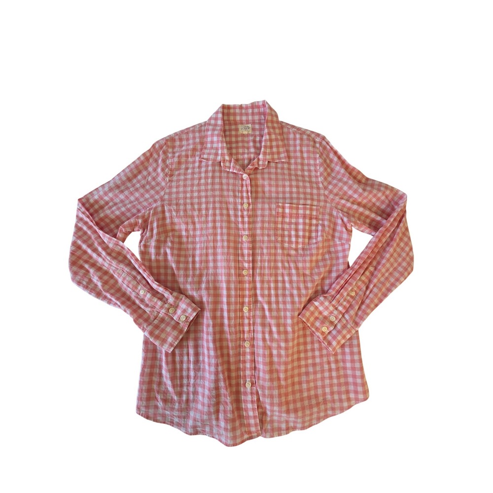 J.Crew Button Down The Perfect Shirt Gingham Cotton Large Pink White Preppy L